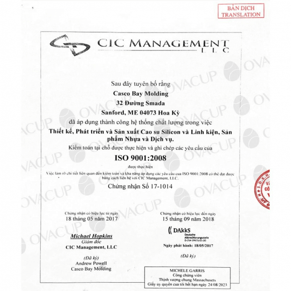 Giấy chứng nhận Nhà máy sản xuất Casco Bay Molding đạt chuẩn ISO 9001:2015